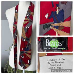Vintage 1991 The Beatles Lovely‎ Rita Meter Maid Silk Necktie Tie Red Gray USA